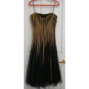 JS Collections Formal Dress Gold Black Midi Dress 14 Pleated Chiffon Flare Prom